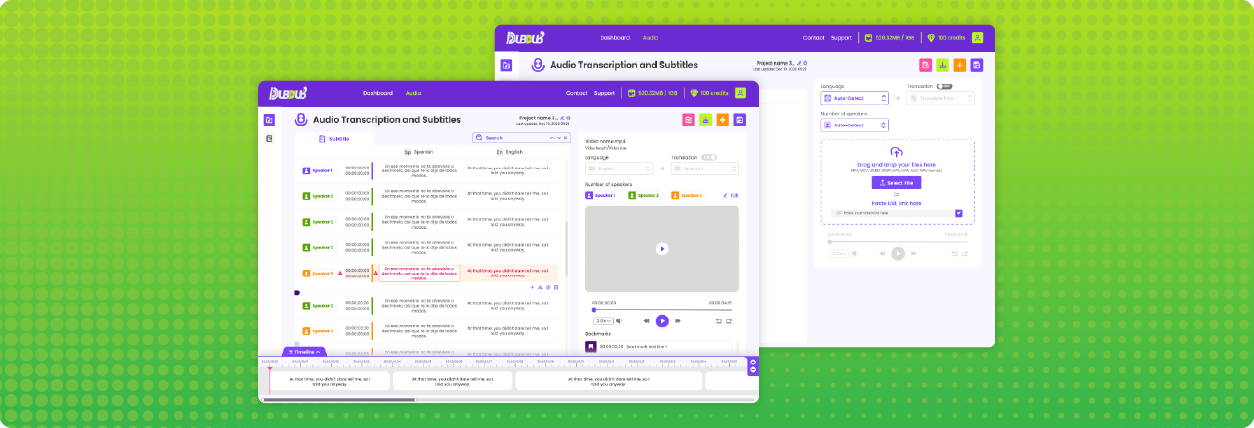 Dub-Dub's professional subtitle timeline editor showing speaker-tagged captions synced to a video timeline