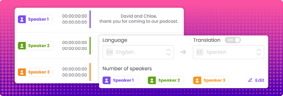 A screenshot of Dub-Dub user interface with color-coded speaker labels which is different from turboscribe