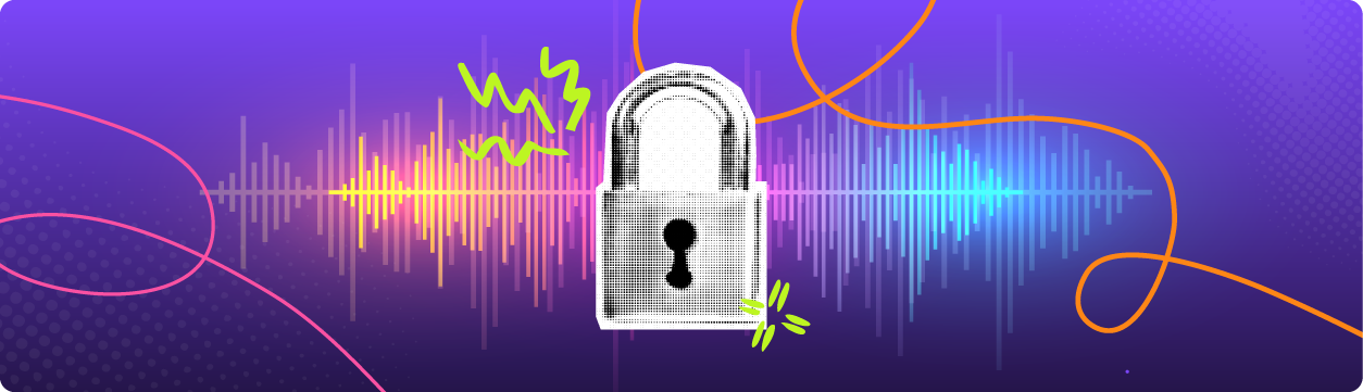 Padlock icon overlaid on a blurred audio waveform on a dark background, representing data privacy and security in AI audio and video transcription