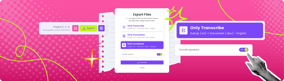 Transcript export options showing SRT, VTT, and plain text file formats available after video transcription