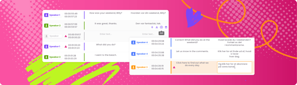 AI-generated video transcript displayed in an editor showing speaker labels, timestamps, and editable text